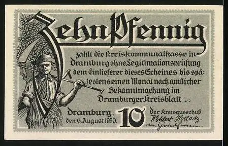 Notgeld Dramburg 1920, 10 Pfennig, Bauern auf dem Feld, Wappen