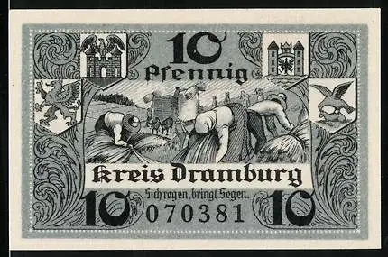 Notgeld Dramburg 1920, 10 Pfennig, Bauern auf dem Feld, Wappen
