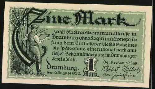 Notgeld Dramburg 1920, 1 Mark, Bauer mit Pflug, Wappen