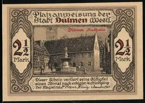 Notgeld Dülmen 1921, 2 1 /2 Mark, Rathaus mit Brunnen
