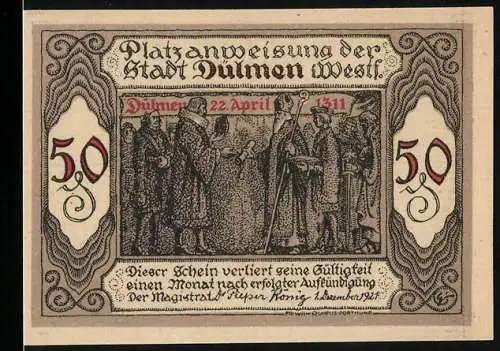 Notgeld Dülmen 1921, 50 Pfennig, Geistliche mit Schriftrolle 1311