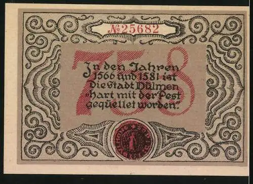 Notgeld Dülmen 1921, 75 Pfennig, Pest-Auferstehung 1382