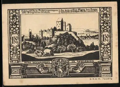Notgeld Bolkenhain in Schlesien, 1,50 Mark, Burg Schweinhaus, Ortsansicht mit Burg
