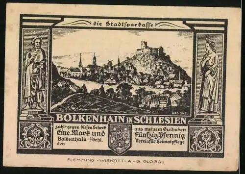 Notgeld Bolkenhain in Schlesien, 1,50 Mark, Burg Schweinhaus, Ortsansicht mit Burg