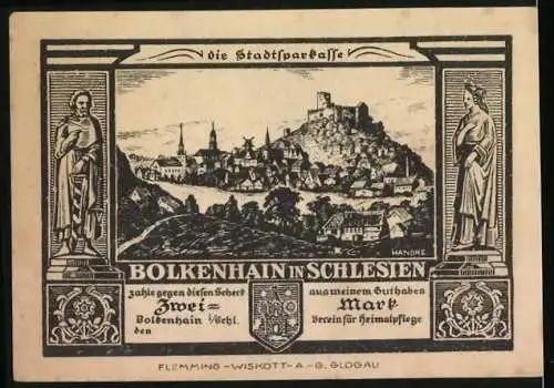 Notgeld Bolkenhain in Schlesien, 2 Mark, Ortsansicht mit Denkmal, Ortsansicht mit Burg