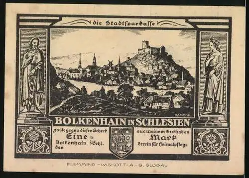 Notgeld Bolkenhain in Schlesien, 1 Mark, Burg Schweinhaus und Bolkoburg
