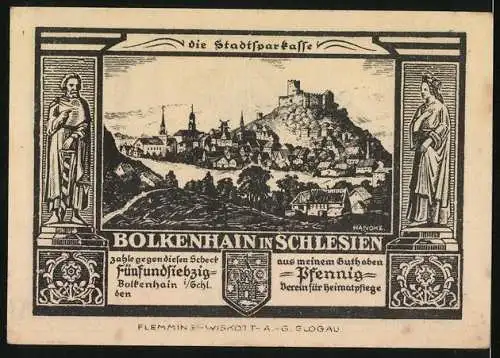 Notgeld Bolkenhain in Schlesien, 75 Pfennig, Burg Nimmersatt und Wasserburg Kauder