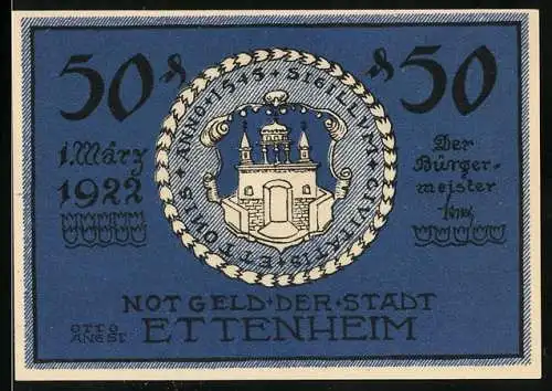 Notgeld Ettenheim 1922, 50 Pfennig, Ortspartie mit Brunnen