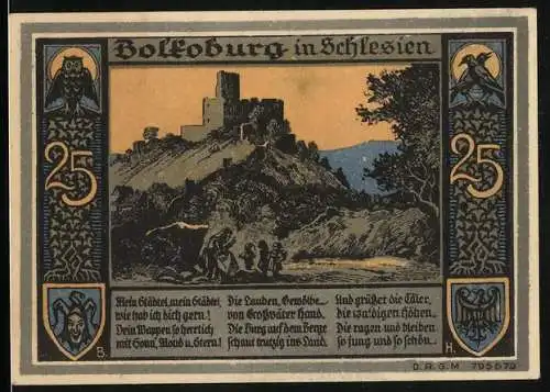 Notgeld Bolkenhain in Schlesien, 25 Pfennig, Die Bolkoburg auf dem Hügel