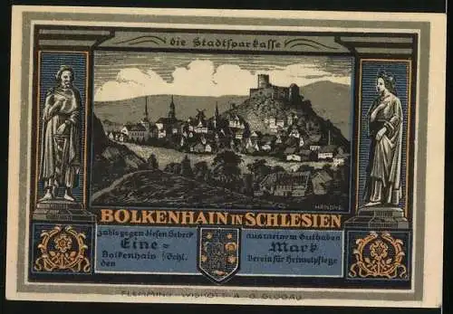 Notgeld Bolkenhain in Schlesien, 1 Mark, Bolkoburg und Burg Schweinhaus