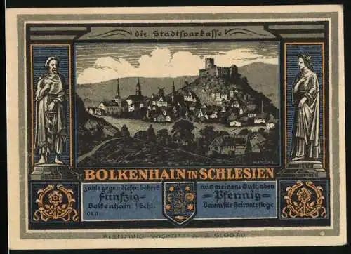 Notgeld Bolkenhain in Schlesien, 50 Pfennig, Kinder mit Schlitten im Winter, Strassenpartie