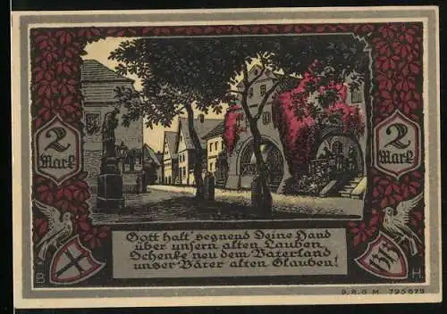 Notgeld Bolkenhain in Schlesien, 2 Mark, Denkmal unter zwei Bäumen