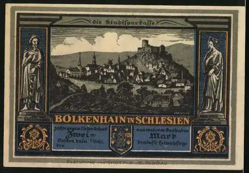 Notgeld Bolkenhain in Schlesien, 2 Mark, Denkmal unter zwei Bäumen