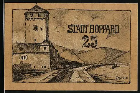 Notgeld Boppard 1920, 25 Pfennig, Burgturm am Fluss