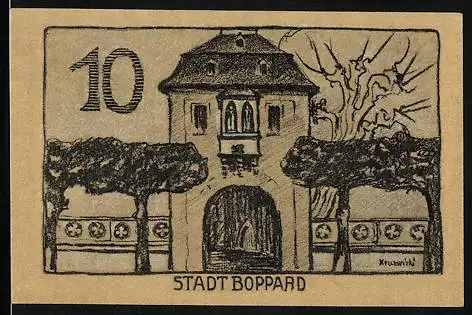Notgeld Boppard 1920, 10 Pfennig, Stadttor mit Bäumen