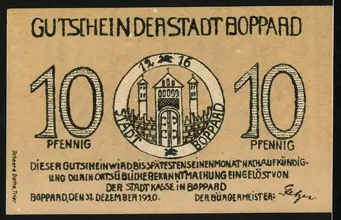 Notgeld Boppard 1920, 10 Pfennig, Stadttor mit Bäumen