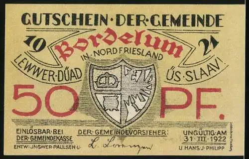 Notgeld Bordelum 1921, 50 Pfennig, Landhaus mit Strohdach