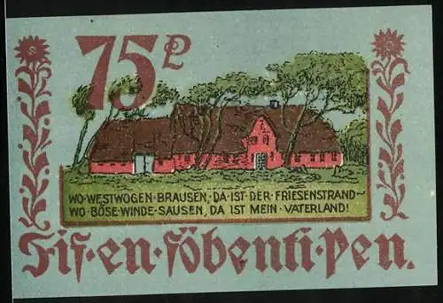 Notgeld Bordelum 1921, 75 Pfennig, Bauernhof mit strohgedeckten Häusern