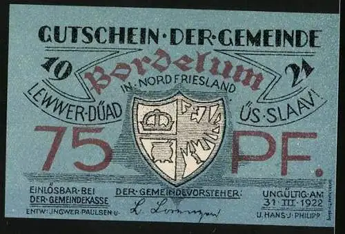 Notgeld Bordelum 1921, 75 Pfennig, Bauernhof mit strohgedeckten Häusern