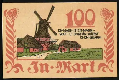 Notgeld Bordelum 1921, 100 Pfennig, Windmühle und Mühläuser