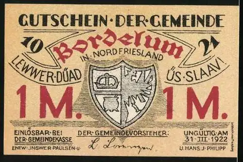 Notgeld Bordelum 1921, 100 Pfennig, Windmühle und Mühläuser