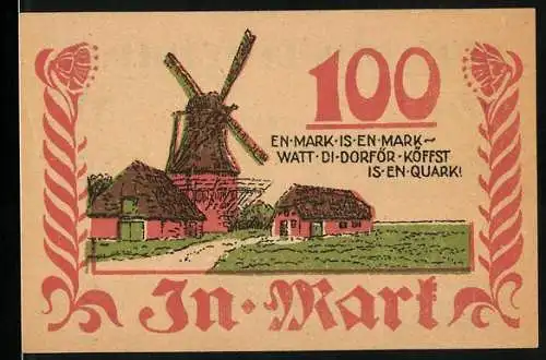 Notgeld Bordelum 1921, 100 Pfennig, Windmühle und nahe Häuser
