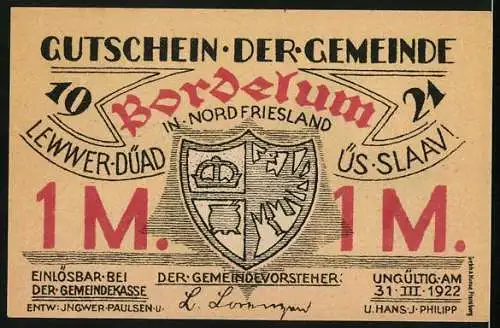 Notgeld Bordelum 1921, 100 Pfennig, Windmühle und nahe Häuser