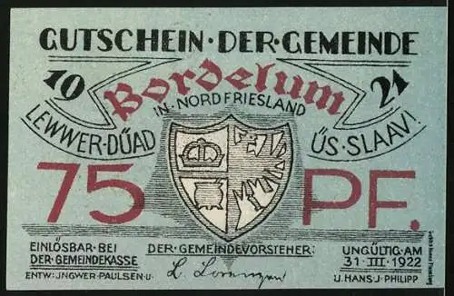 Notgeld Bordelum 1921, 75 Pfennig, strohgedeckter Bauernhof