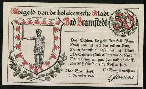 Notgeld Bad Bramstedt 1920, 50 Pfennig, Bramstedter Bauern tanzen am 3. Pfingsttag 1674