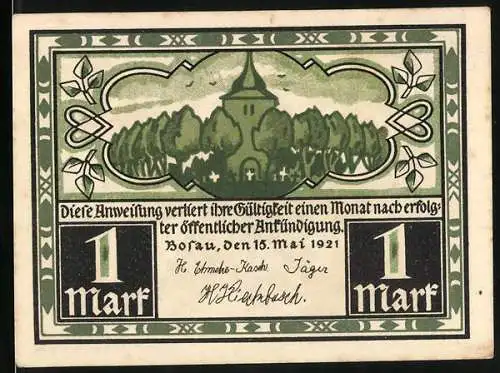 Notgeld Bosau 1921, 1 Mark, Blick auf die Kirche
