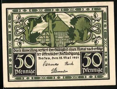 Notgeld Bosau 1921, 50 Pfennig, Die Petrikirche und Fachwerkhaus