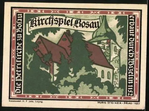 Notgeld Bosau 1921, 50 Pfennig, Die Petrikirche und Fachwerkhaus