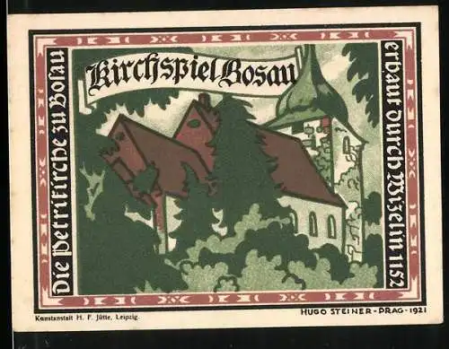 Notgeld Bosau 1921, 25 Pfennig, Petrikirche und Flusspanorama