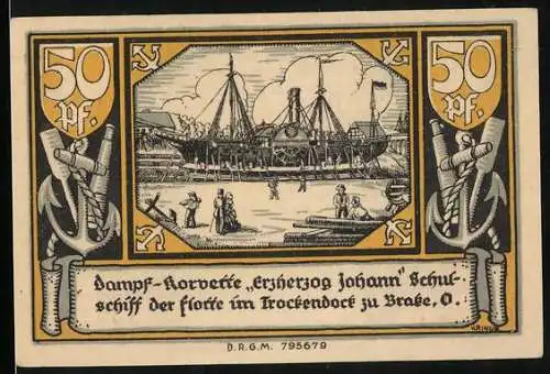Notgeld Brake (Oldenburg), 50 Pfennig, Dampf-Korvette Erzherzog Johann