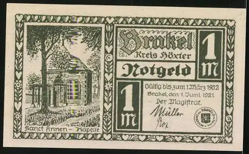 Notgeld Brakel /Höxter 1921, 1 Mark, Sanct Annen-Kapelle, Mäken von Brakel