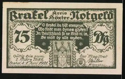 Notgeld Brakel /Höxter 1921, 75 Pfennig, Der Alte Brakeler Weihnachtswunsch