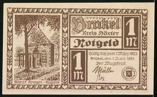 Notgeld Brakel /Höxter 1921, 1 Mark, Das Mäken von Brakel, Sanct Annen-Kapelle