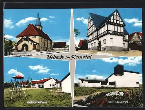 AK Urbach / Remstal, Rathaus Nord, Kindergarten, Evangelische Friedenskirche