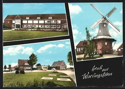 AK Warsingsfehn /Ostfriesland, Gebäudeansicht, Windmühle, Ortspartie