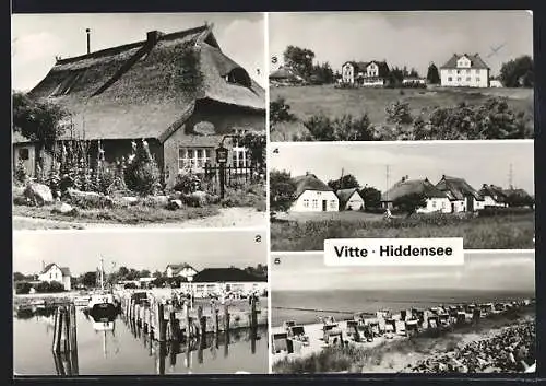 AK Vitte /Hiddensee, Blaue Scheune, Fischerhäuser, Hafen