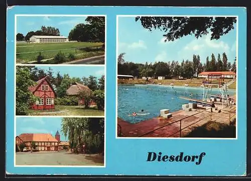 AK Diesdorf / Salzwedel, Sportplatz, Museum, Markt, Bad