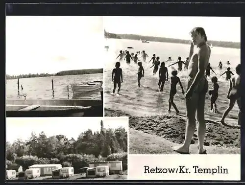 AK Retzow / Lychen, Strandpartie, Campingplatz, Uferpartie mit Boot