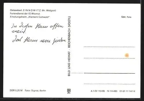 AK Zinnowitz /Kr. Wolgast, Erholungsheim Klement Gottwald