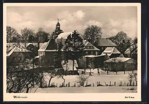 AK Walsrode, Ortspartie mit Kirche im Schnee