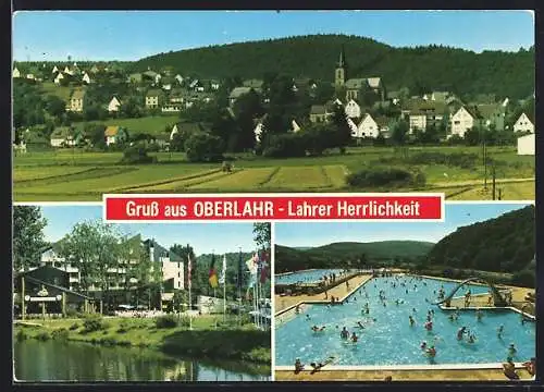 AK Oberlahr /Weidbachtal, Teilansicht mit Kirche, Schwimmbad, Ortspartie