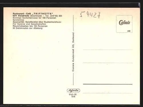 AK Waldfriede /Soonwald, Restaurant-Cafe Trifthütte mit Strassenpartie