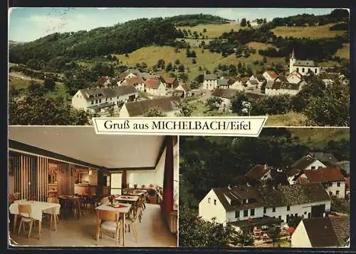 AK Michelbach /Eifel, Restaurant-Pension Huschens, Innenansicht, Teilansicht mit Kirche