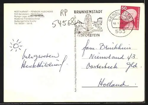 AK Michelbach /Eifel, Restaurant-Pension Huschens, Innenansicht, Teilansicht mit Kirche