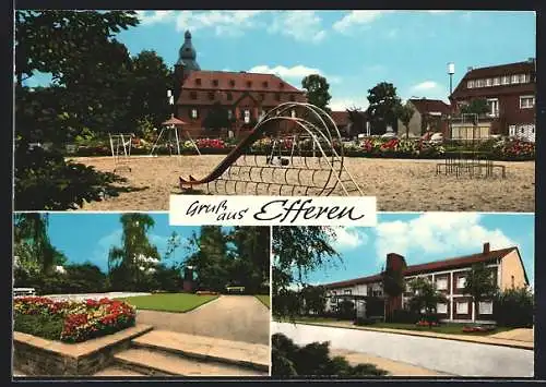 AK Efferen, Ortsansicht mit Spielplatz und Kirche, Strassenpartie