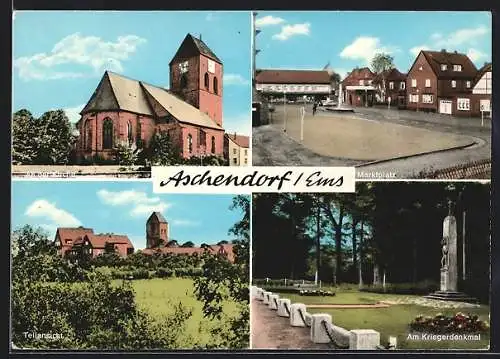 AK Aschendorf /Ems, Kriegerdenkmal, Marktplatz, Kirche